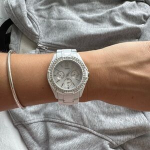 GUESS White Crystal-Bezel Women's Watch